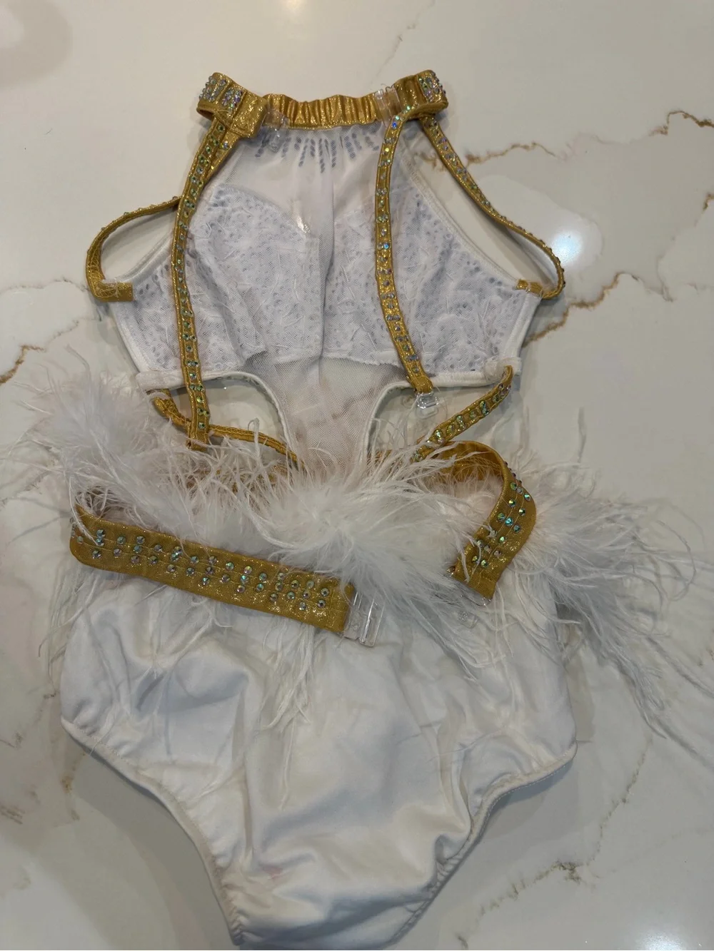 Glamour CL White Crystal-Embellished Dance Costume with Gold Accent